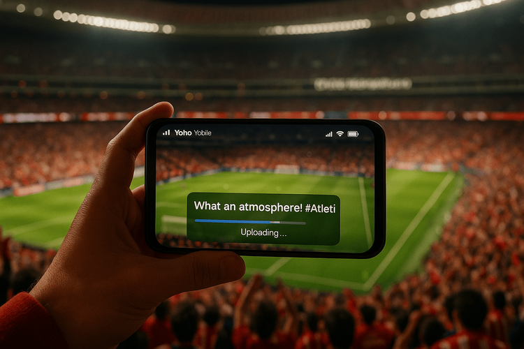 A fan successfully using a Yoho Mobile eSIM to share a video from inside the crowded Metropolitano stadium during a match.