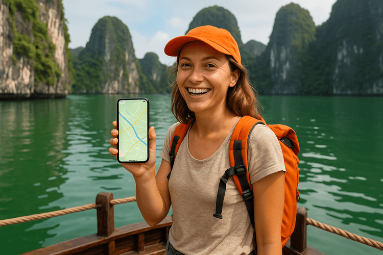 A traveler using her phone for navigation on a boat in Ha Long Bay, Vietnam, connected with a travel eSIM.