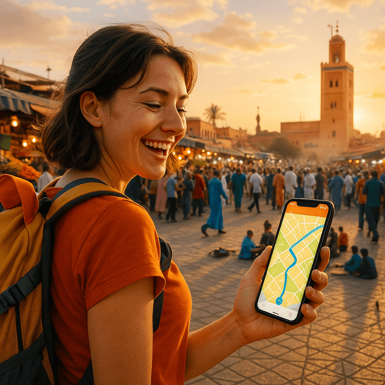 Traveler using a Yoho Mobile eSIM data plan to navigate the markets of Marrakech on her smartphone.