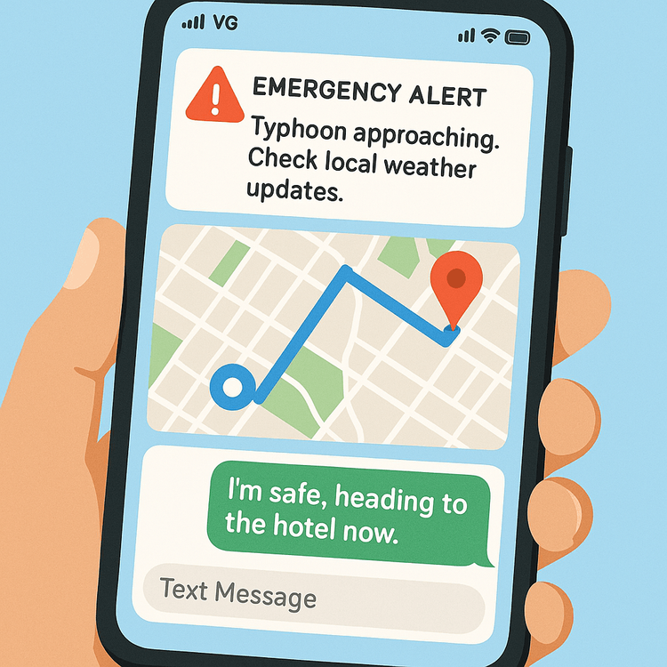 Illustration of a smartphone using an eSIM to receive emergency alerts, navigate to safety, and communicate with family during a typhoon.