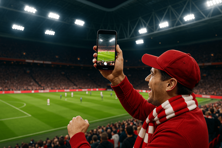 A happy Ajax fan using their smartphone with a Yoho Mobile eSIM to share photos from the Johan Cruyff Arena in Amsterdam.
