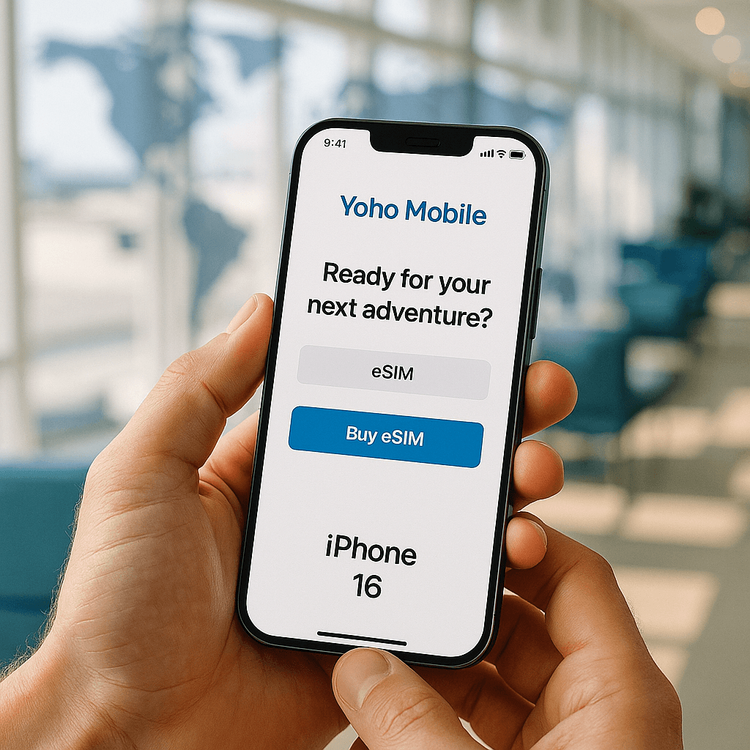 A user holding an iPhone 16, preparing to purchase a Yoho Mobile eSIM for their trip.