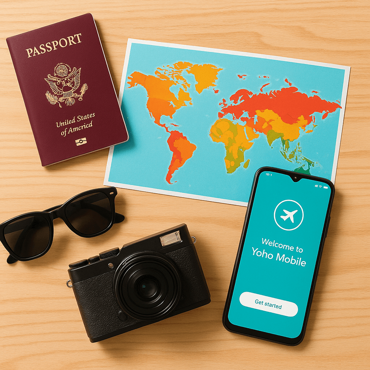 A flat lay of travel essentials including a passport, map, and a smartphone with the Yoho Mobile app, symbolizing a post-booking travel checklist.