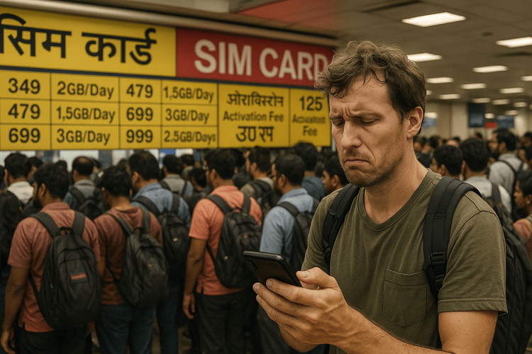 A stressed traveler waits in a long line at an Indian airport SIM card counter.