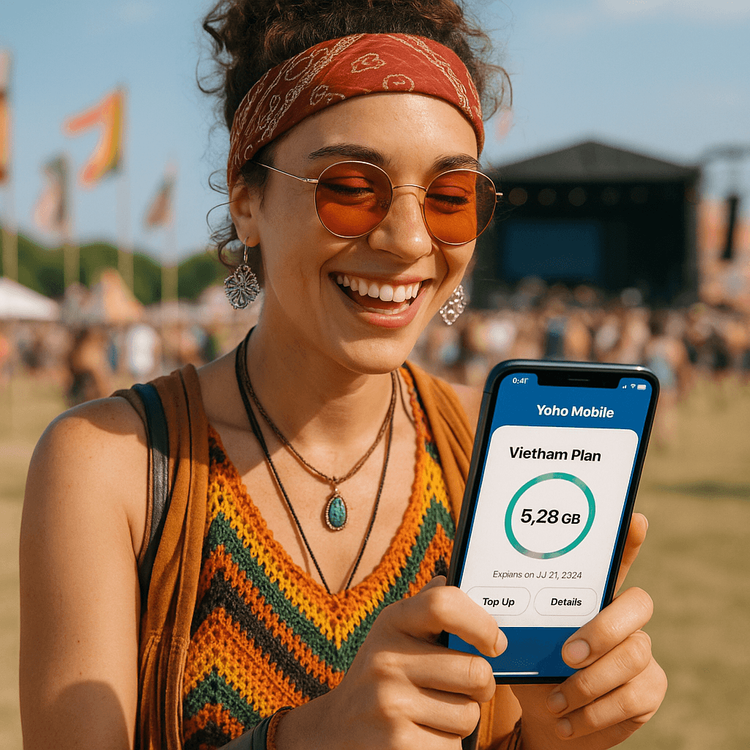 A festival-goer at V Fest Vietnam using the Yoho Mobile app on their smartphone to stay connected.