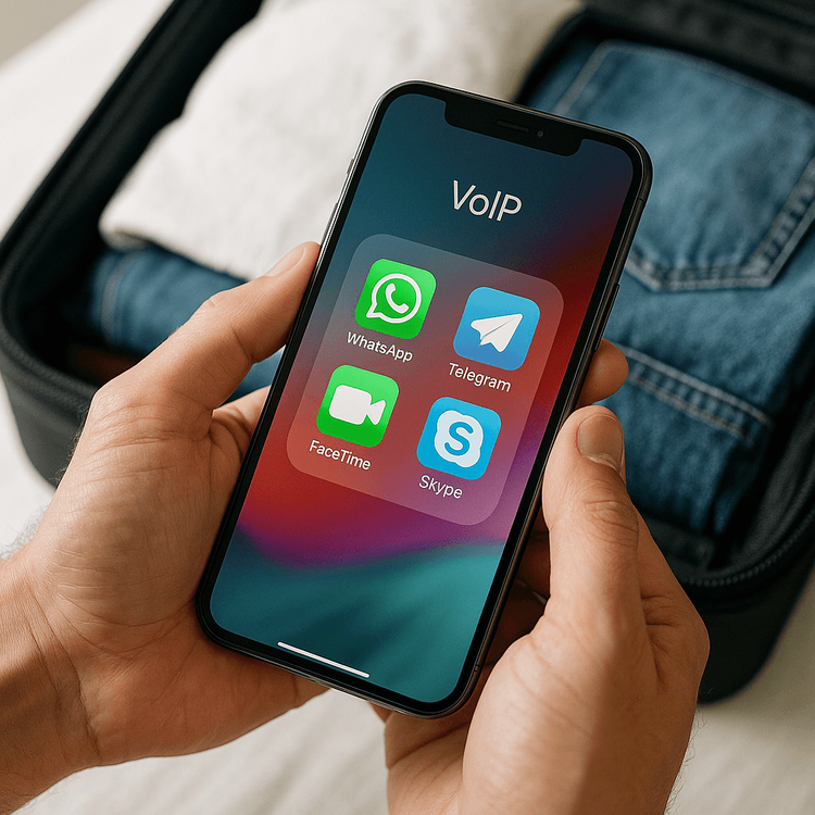 A smartphone screen displaying various VoIP app icons, ready for international travel.
