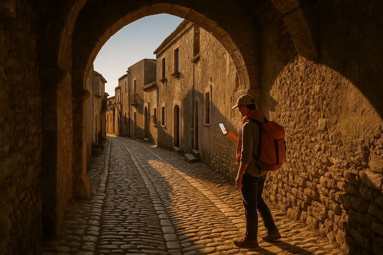 A traveler using a smartphone with a Yoho Mobile eSIM to navigate the ancient cobblestone streets of Erice, Sicily.
