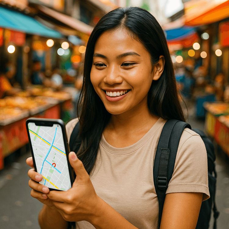 A happy Filipino traveler using her phone with a Yoho Mobile eSIM for navigation in an Asian market.