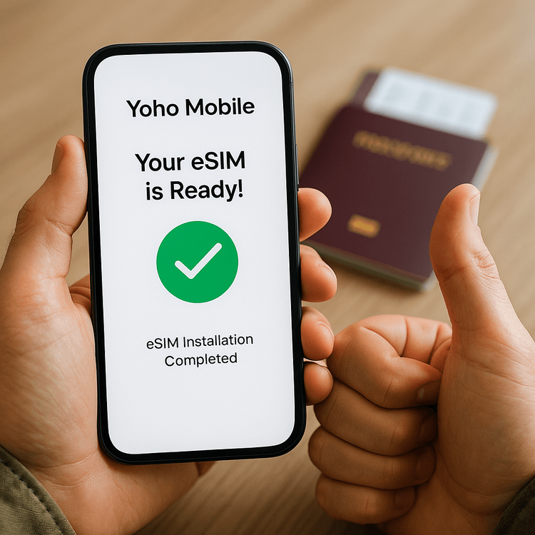 A smartphone screen showing a successfully installed Yoho Mobile eSIM, ready for travel.