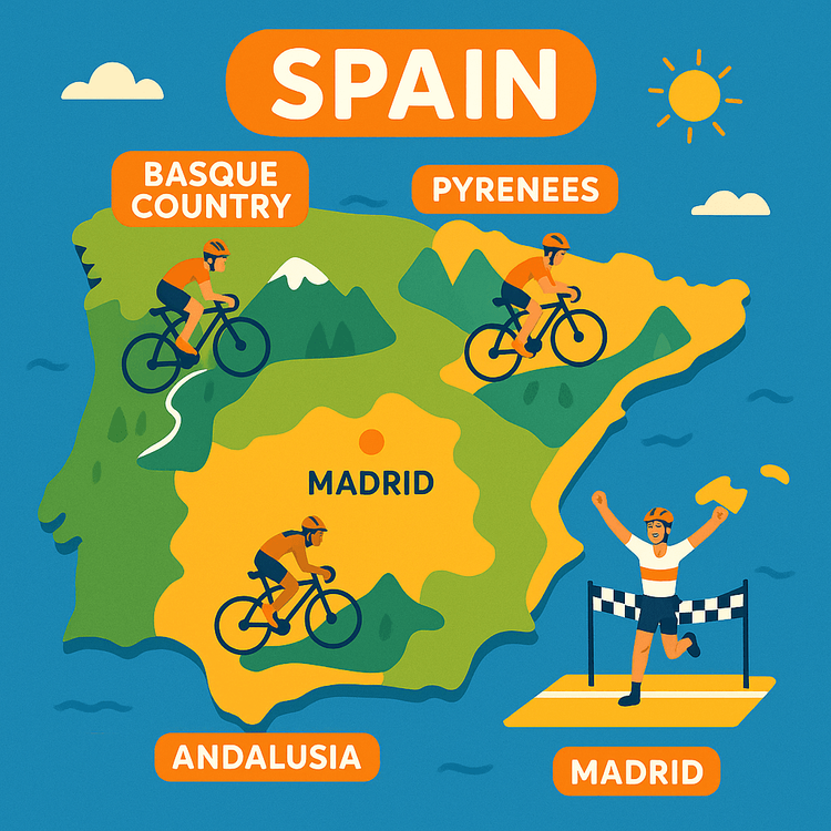 Illustrative map of Spain highlighting key regions for watching a cycling tour like La Vuelta.