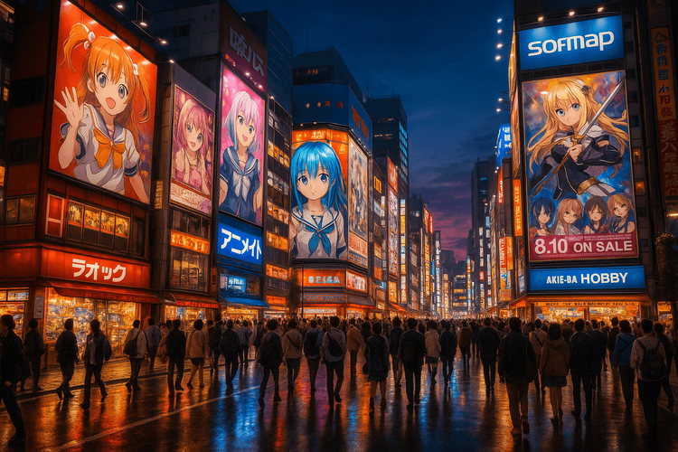 The bustling and neon-lit streets of Akihabara, the center of anime culture in Tokyo.