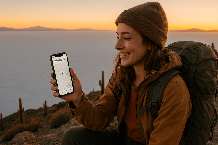 Backpacker happily using her Yoho Mobile eSIM on her phone while enjoying the view at Salar de Uyuni, Bolivia.