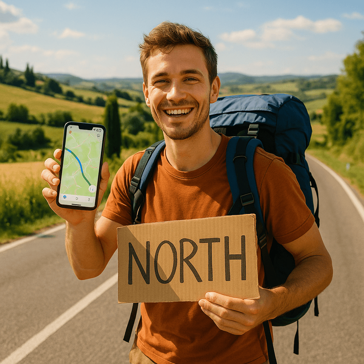 A modern hitchhiker using a phone with a map app for navigation while backpacking in Europe.