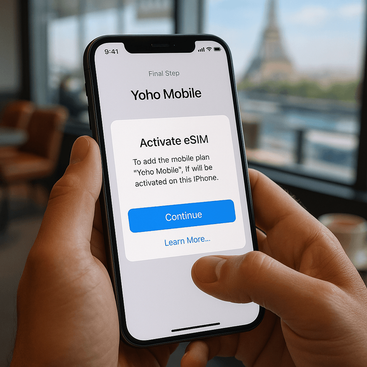 A user easily activating a Yoho Mobile eSIM on their iPhone with one tap after purchasing.