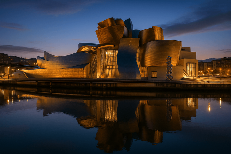 The iconic Guggenheim Museum in Bilbao illuminated at dusk, reflecting in the Nervión River.