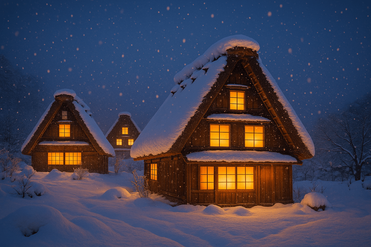 The magical snow-covered village of Shirakawa-go in Japan during a winter evening.