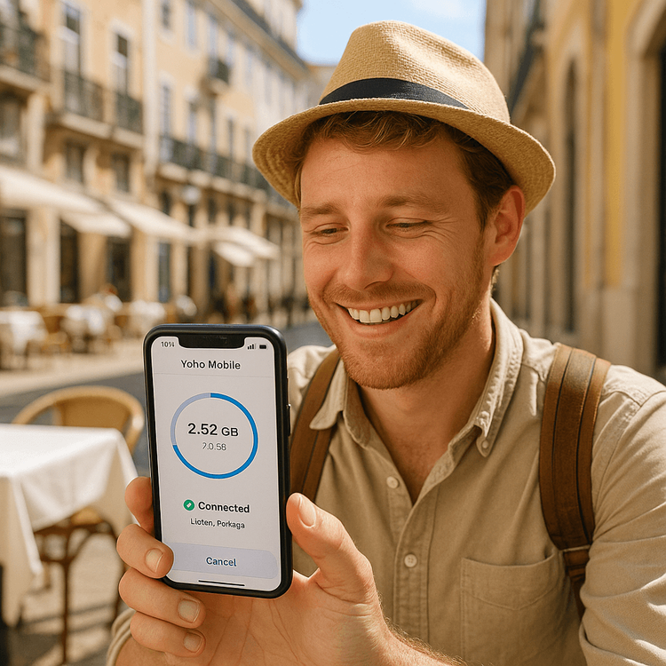 A happy traveler using a Yoho Mobile eSIM on their smartphone in a European cafe, enjoying seamless connectivity without roaming fees.