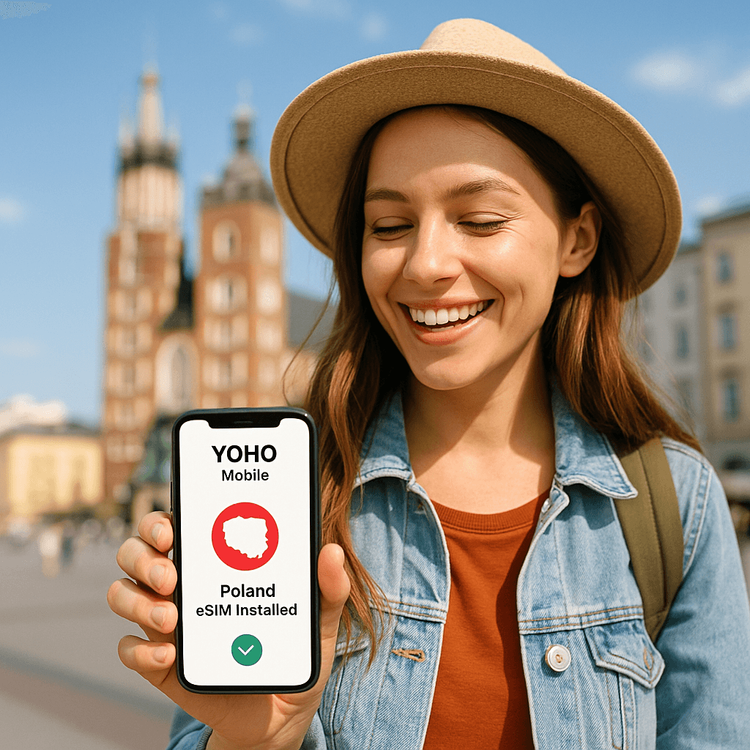 A tourist successfully installing her Yoho Mobile eSIM for Poland with Krakow's Main Market Square in the background.