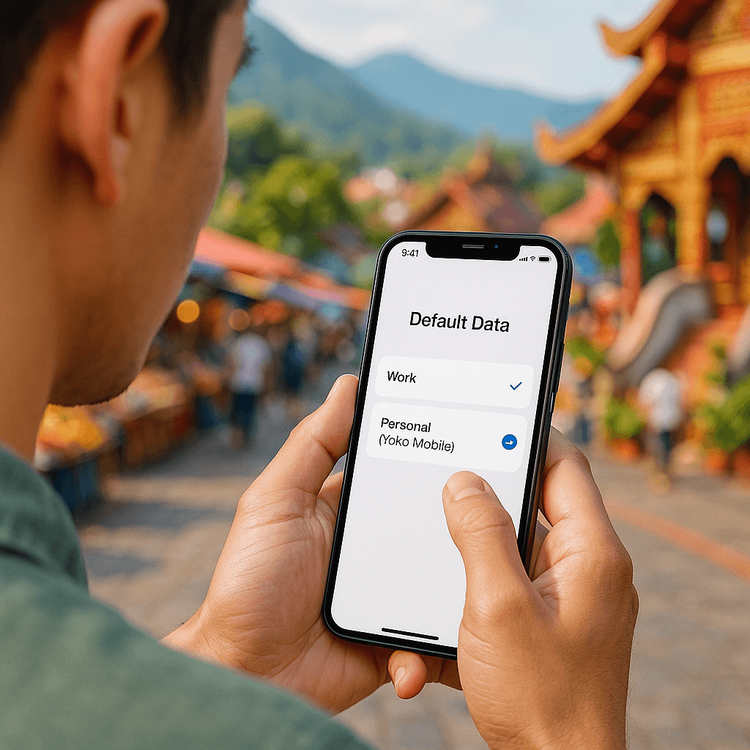 A user easily switching between their work and personal Yoho Mobile data lines on a dual SIM smartphone, showcasing the convenience for bleisure travel.