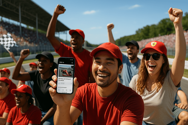 A happy Formula 1 fan using their smartphone with a Yoho Mobile eSIM to share their experience at the Grand Prix.