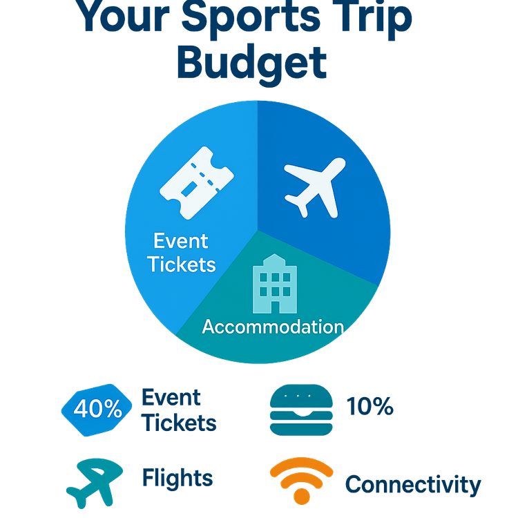Infographic showing a sample budget breakdown for international sports travel, with categories for tickets, flights, accommodation, food, and connectivity.