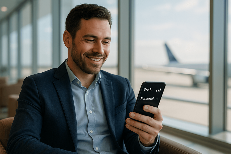 A business traveler happily using their dual SIM phone with a personal eSIM in an airport, representing bleisure travel.
