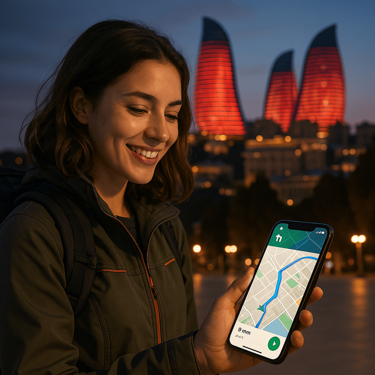 Eine Reisende, die ihr Smartphone zur Navigation vor den Flammentürmen in Baku, Aserbaidschan, verwendet, ermöglicht durch einen zuverlässigen eSIM-Datentarif.