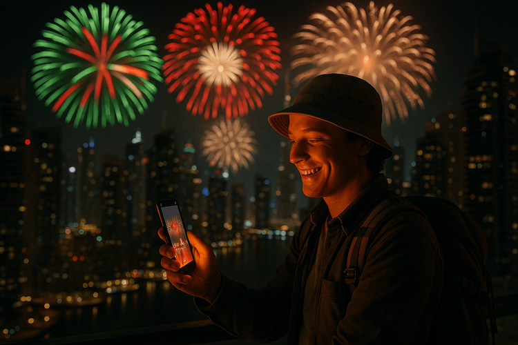 A traveler using a Yoho Mobile eSIM to share photos of the UAE National Day fireworks in Dubai.