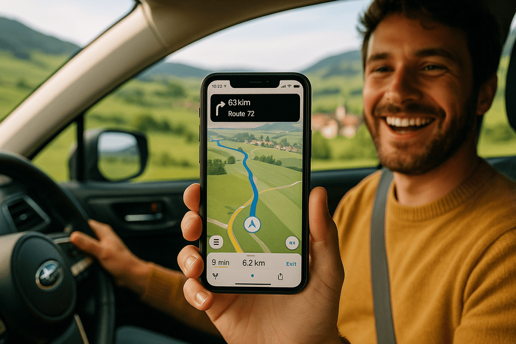A happy passenger uses their phone with a Yoho Mobile eSIM for navigation during a European road trip.