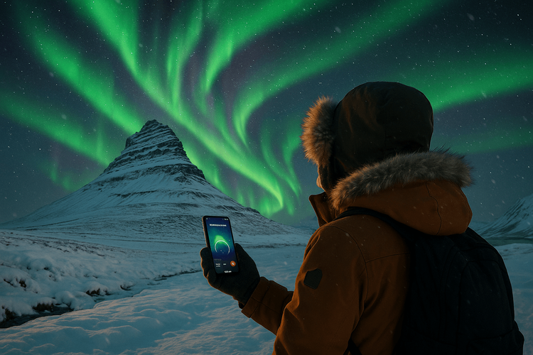 Traveler using a phone with a Yoho Mobile eSIM to track the Northern Lights in Iceland during winter.