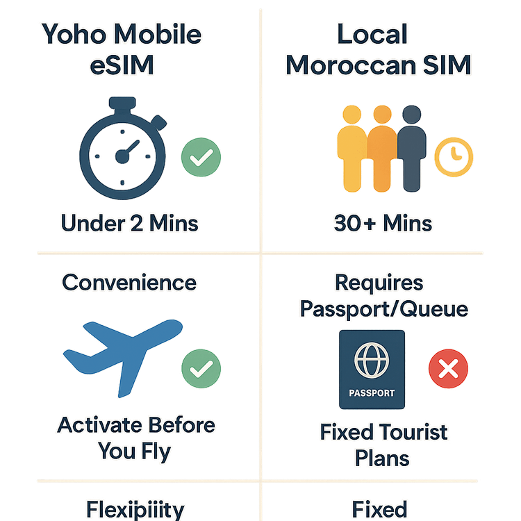 Infographic comparing the convenience and speed of a Yoho Mobile eSIM versus a local SIM card in Morocco.