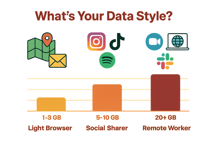 Chart comparing data usage needs for light browsers, social sharers, and remote workers.