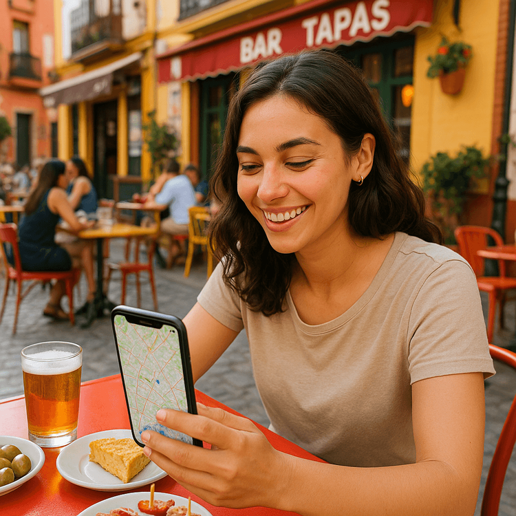 A traveler happily using her phone for navigation at a tapas bar in Seville, thanks to her reliable eSIM data plan.