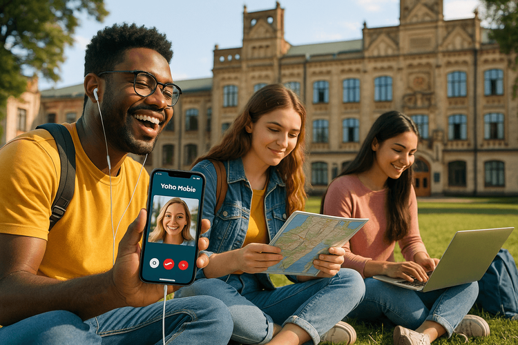 International students using Yoho Mobile eSIM for affordable data on their university campus abroad.