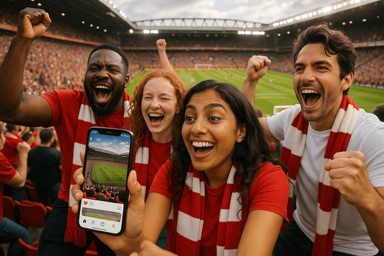 Football fans cheering in a stadium while using a smartphone with a Yoho Mobile eSIM.
