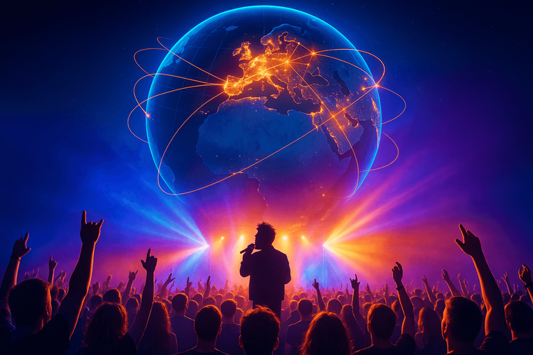 A massive crowd at The Weeknd's global tour, illustrating seamless international connectivity with a Yoho Mobile eSIM.