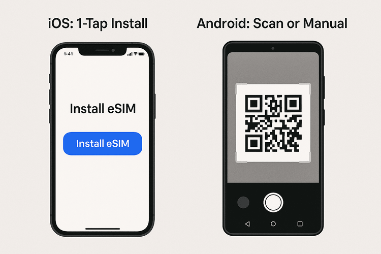 An illustration showing the simple one-tap eSIM installation process for iOS versus the QR code scan method for Android.