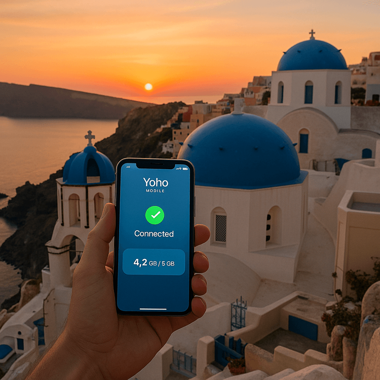 A person holding a phone with the Yoho Mobile app open, showing a strong connection against the backdrop of a Santorini sunset.