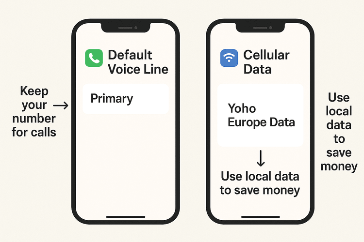Infographic comparing how to set the default voice line and the cellular data line on an iPhone for dual SIM travel.