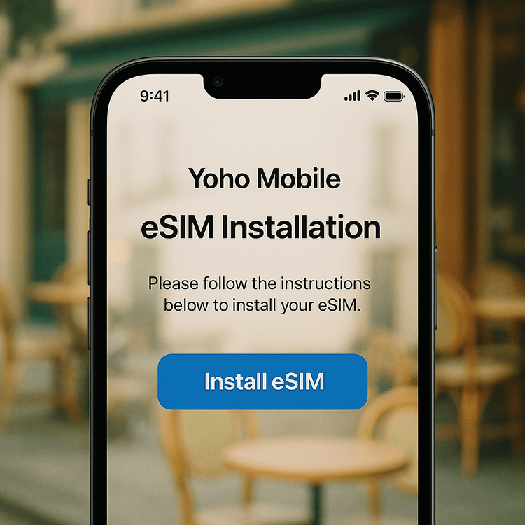 The simple one-click process to install a Yoho Mobile eSIM on an iOS device before traveling.