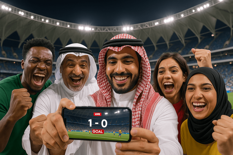 Excited football fans in a Riyadh stadium using a Yoho Mobile eSIM to stream the match on a smartphone.