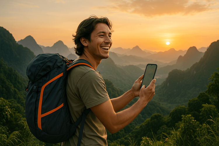 A solo backpacker enjoys a beautiful mountain sunrise, planning their journey on a smartphone.