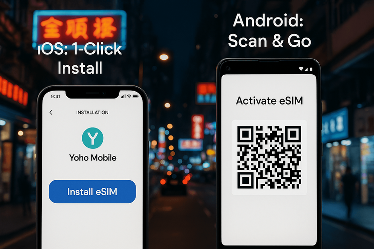 Comparison of the simple one-click eSIM installation for iOS and the QR code scan method for Android, with a Hong Kong backdrop.
