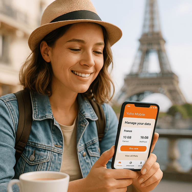 A traveler easily manages her Yoho Mobile eSIM plan on her smartphone while enjoying a coffee in Paris.