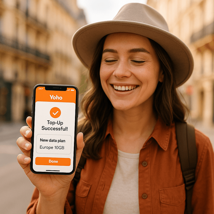 A traveler successfully adding a new plan to her Yoho Mobile eSIM while traveling in Europe.