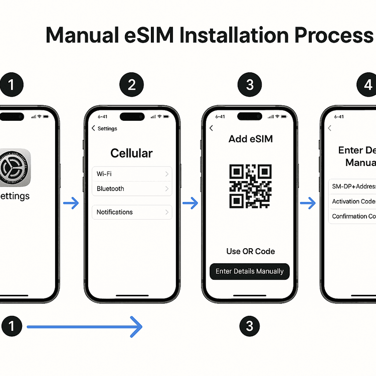 Infographic showing how to manually install an eSIM on an iPhone by entering details.