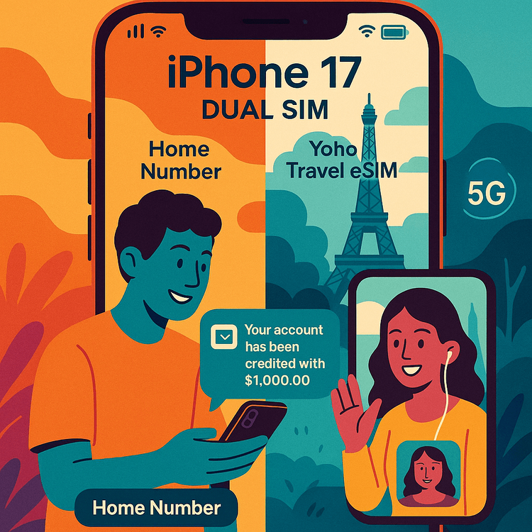 Illustration of an iPhone 17 using Dual SIM functionality to receive a home country SMS while using Yoho Mobile travel data in Paris.