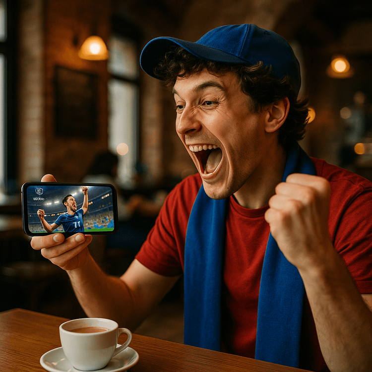A football fan celebrating while watching a Champions League match on their smartphone in a European cafe, connected with a travel eSIM.