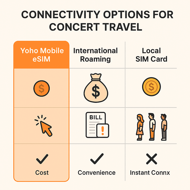 Infographic comparing the cost and convenience of Yoho Mobile eSIM, international roaming, and local SIM cards for travelers attending concerts.