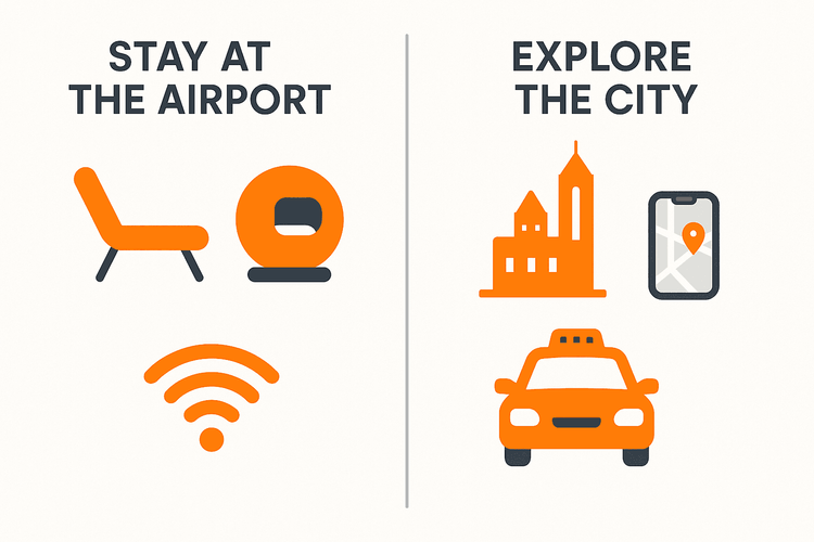 Infographic comparing layover options: staying at the airport versus exploring the city.